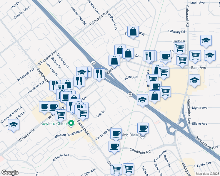 map of restaurants, bars, coffee shops, grocery stores, and more near 392 Connors Court in Chico