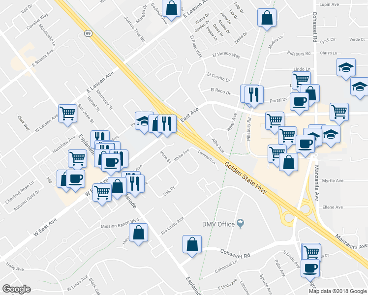 map of restaurants, bars, coffee shops, grocery stores, and more near 392 Connors Court in Chico