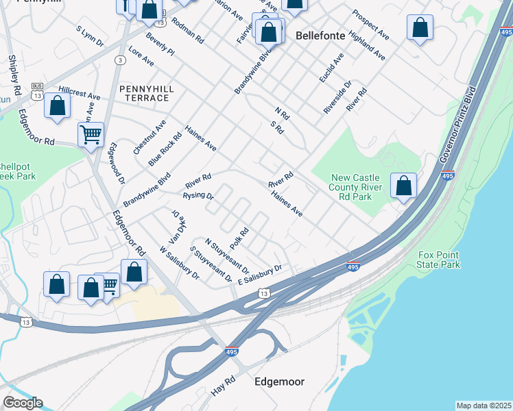 map of restaurants, bars, coffee shops, grocery stores, and more near 39 North Cannon Drive in Wilmington