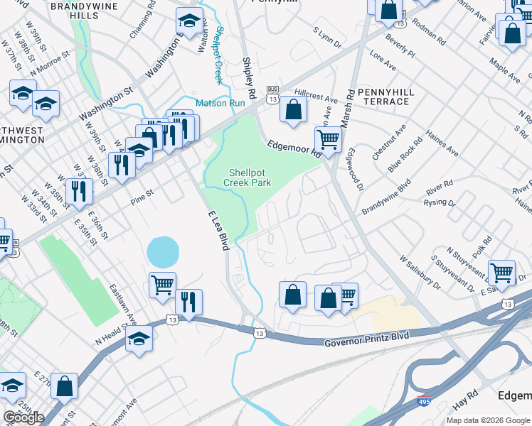 map of restaurants, bars, coffee shops, grocery stores, and more near 15 Courtyard Lane in Wilmington