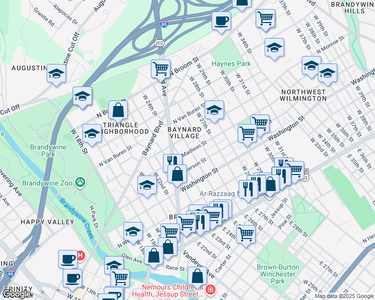 map of restaurants, bars, coffee shops, grocery stores, and more near 2512 Zebley Place in Wilmington