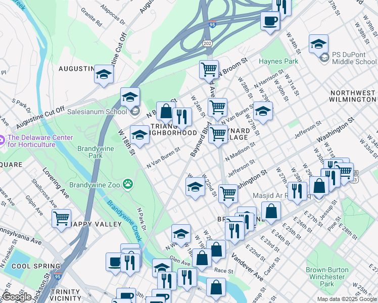 map of restaurants, bars, coffee shops, grocery stores, and more near 601 West 22nd Street in Wilmington