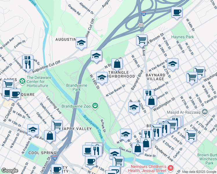 map of restaurants, bars, coffee shops, grocery stores, and more near 800 West 20th Street in Wilmington