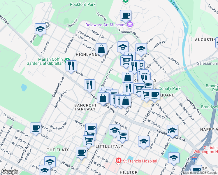 map of restaurants, bars, coffee shops, grocery stores, and more near 1402 North Bancroft Parkway in Wilmington