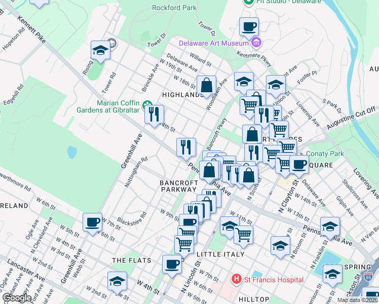 map of restaurants, bars, coffee shops, grocery stores, and more near 2334 West 14th Street in Wilmington