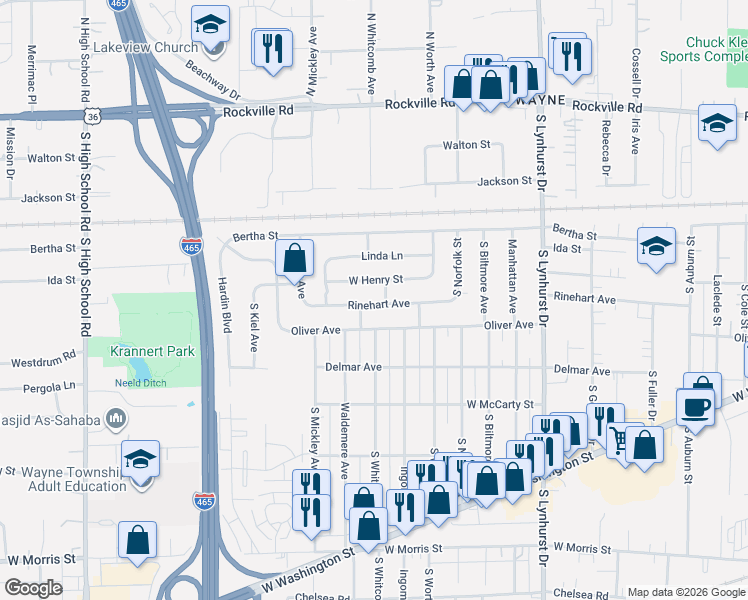 map of restaurants, bars, coffee shops, grocery stores, and more near 5607 West Henry Street in Indianapolis