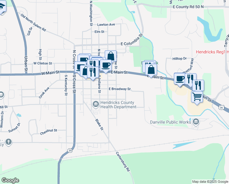 map of restaurants, bars, coffee shops, grocery stores, and more near 302 East Broadway Street in Danville