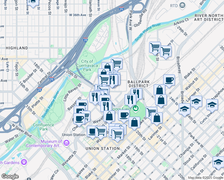 map of restaurants, bars, coffee shops, grocery stores, and more near 2925 Huron Street in Denver
