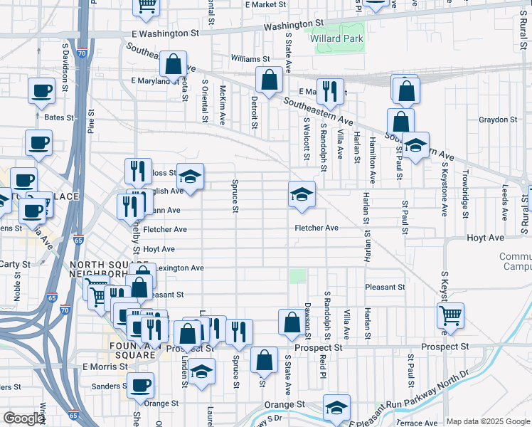 map of restaurants, bars, coffee shops, grocery stores, and more near 1605 Spann Avenue in Indianapolis