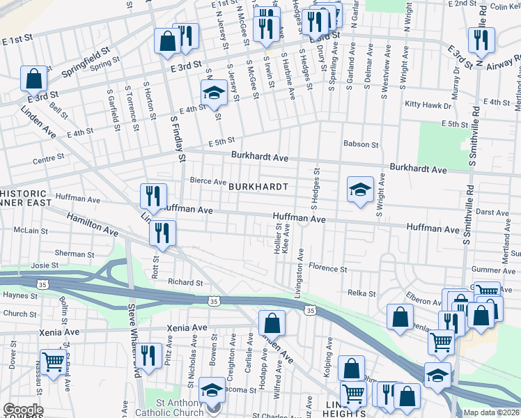 map of restaurants, bars, coffee shops, grocery stores, and more near in Dayton