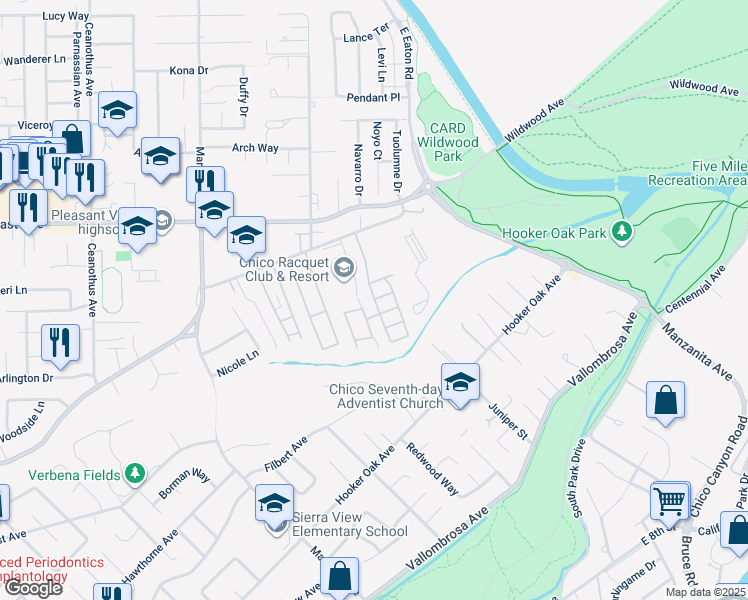 map of restaurants, bars, coffee shops, grocery stores, and more near 1675 Manzanita Avenue in Chico