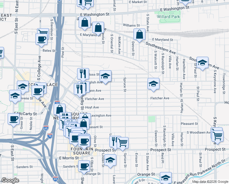 map of restaurants, bars, coffee shops, grocery stores, and more near 1413 Spann Avenue in Indianapolis