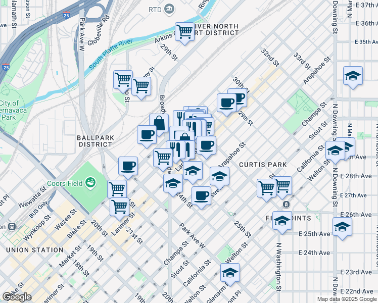 map of restaurants, bars, coffee shops, grocery stores, and more near 1316 26th Street in Denver