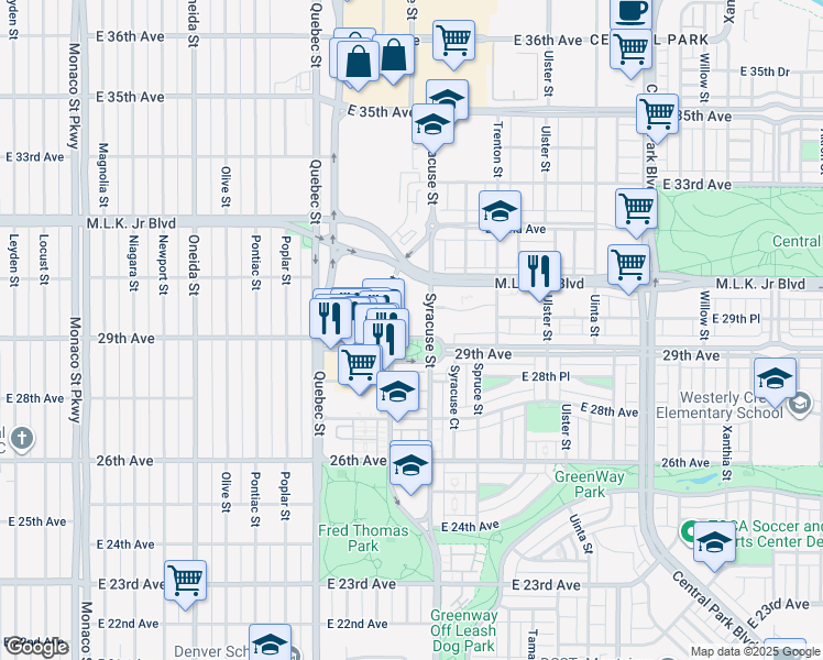 map of restaurants, bars, coffee shops, grocery stores, and more near 7575 East 29th Place in Denver