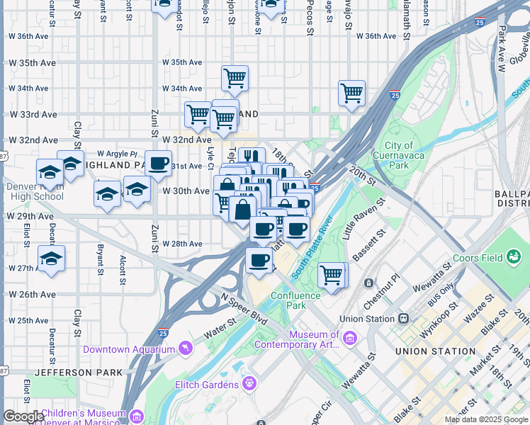 map of restaurants, bars, coffee shops, grocery stores, and more near 2501 16th Street in Denver