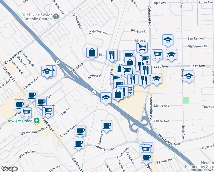 map of restaurants, bars, coffee shops, grocery stores, and more near 30 Plaza Way in Chico