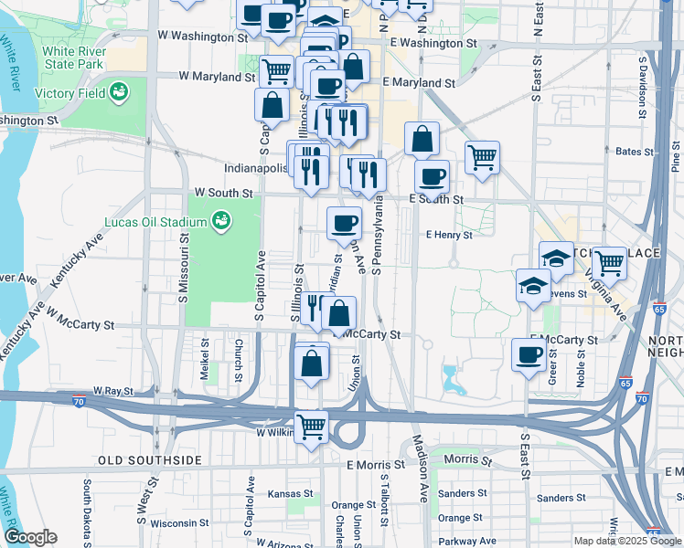 map of restaurants, bars, coffee shops, grocery stores, and more near 601 South Meridian Street in Indianapolis