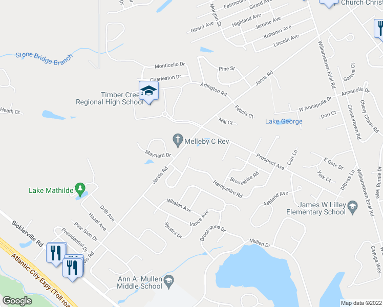 map of restaurants, bars, coffee shops, grocery stores, and more near 109 Berkshire Road in Sicklerville
