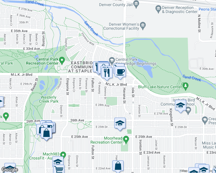 map of restaurants, bars, coffee shops, grocery stores, and more near 10324 East 29th Drive in Denver