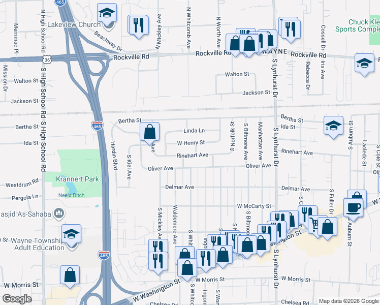 map of restaurants, bars, coffee shops, grocery stores, and more near 5607 West Henry Street in Indianapolis