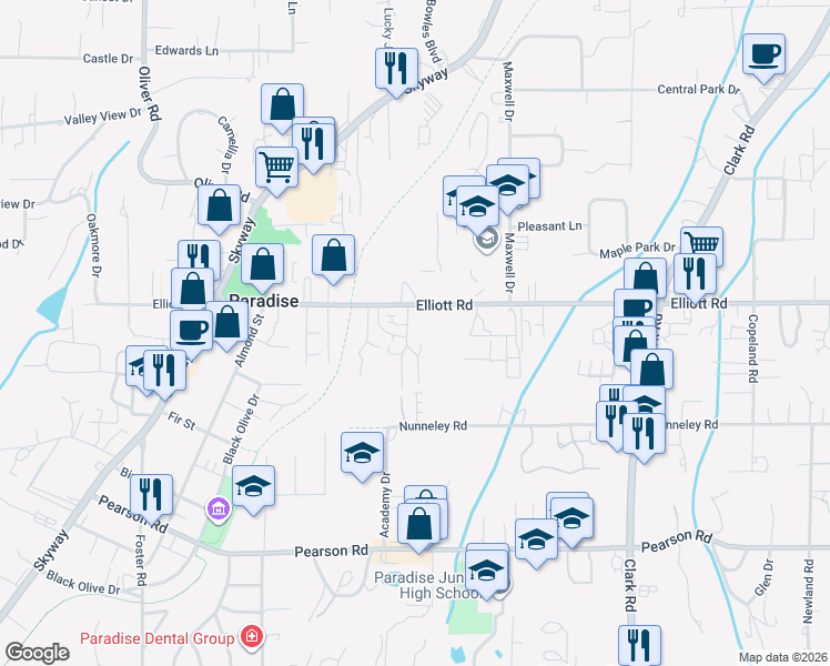 map of restaurants, bars, coffee shops, grocery stores, and more near 5940 Camino Lane in Paradise