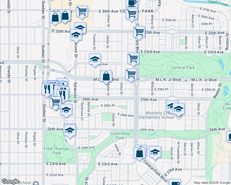 map of restaurants, bars, coffee shops, grocery stores, and more near 8180 East 29th Place in Denver