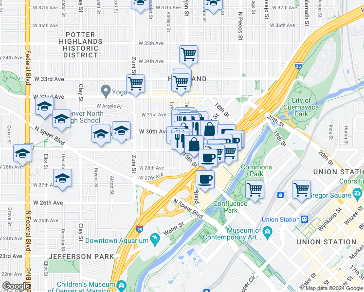 map of restaurants, bars, coffee shops, grocery stores, and more near 2906 Umatilla Street in Denver