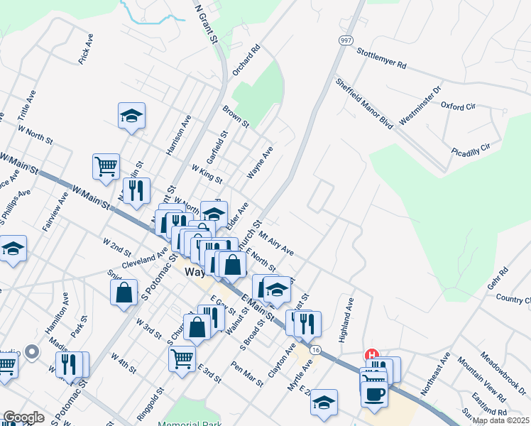 map of restaurants, bars, coffee shops, grocery stores, and more near 199 North Church Street in Waynesboro