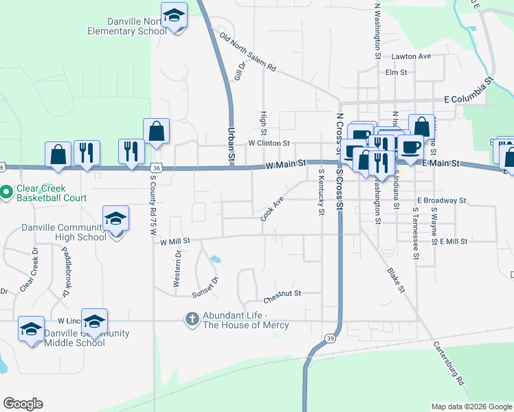 map of restaurants, bars, coffee shops, grocery stores, and more near 98 Bosstick Avenue in Danville