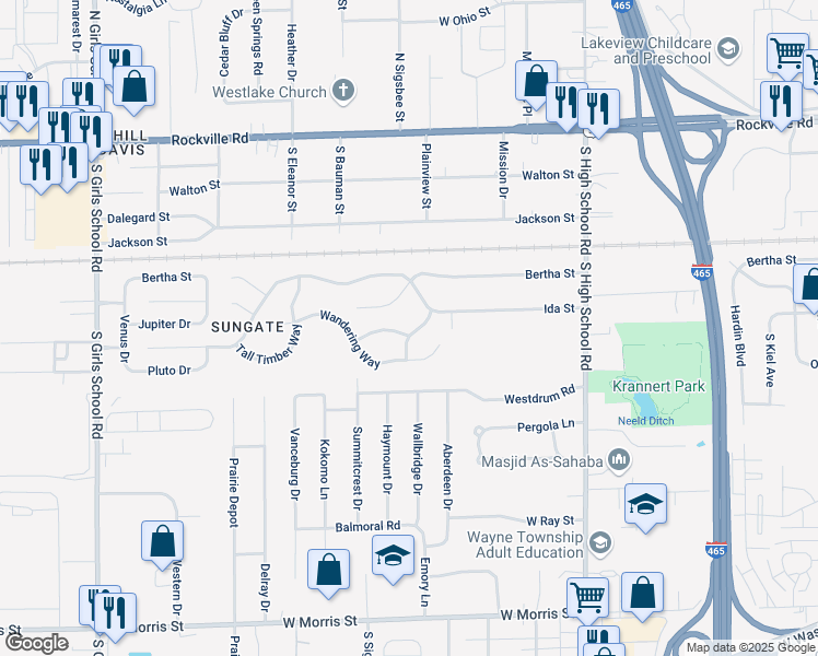 map of restaurants, bars, coffee shops, grocery stores, and more near 6640 Greendale Lane in Indianapolis