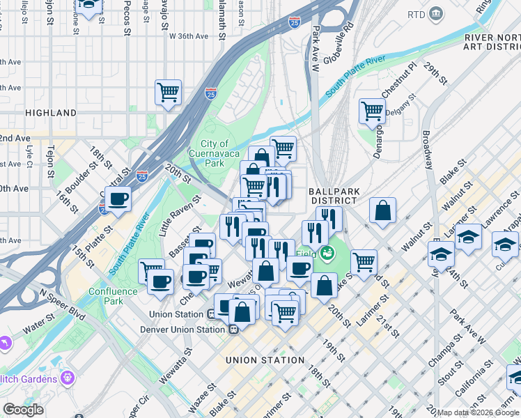 map of restaurants, bars, coffee shops, grocery stores, and more near in Denver