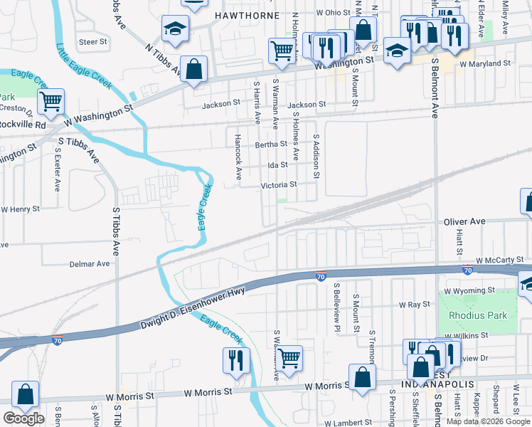 map of restaurants, bars, coffee shops, grocery stores, and more near 544 South Warman Avenue in Indianapolis