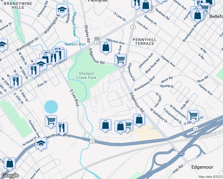 map of restaurants, bars, coffee shops, grocery stores, and more near 101 Clifton Park Circle in Wilmington