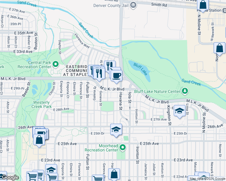 map of restaurants, bars, coffee shops, grocery stores, and more near 10404 East 29th Drive in Denver