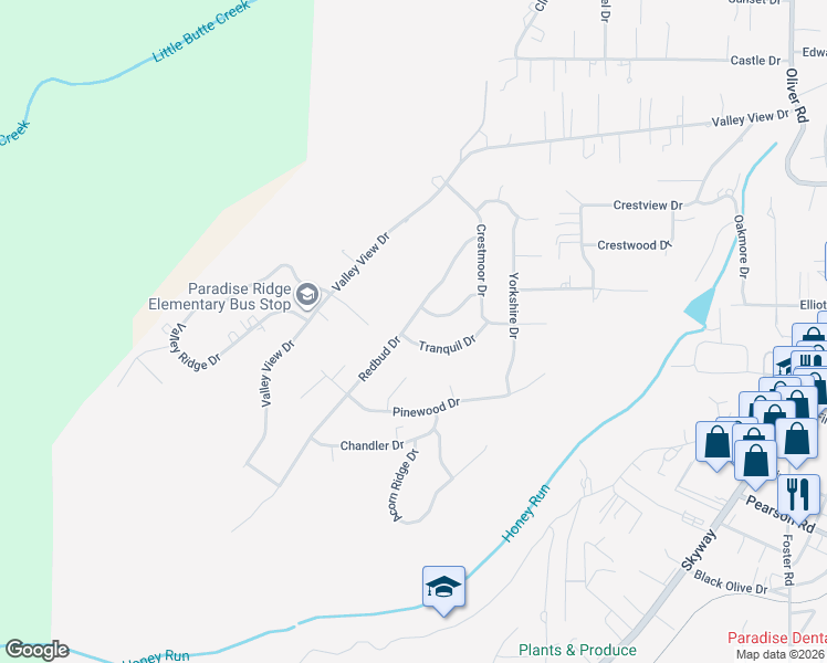map of restaurants, bars, coffee shops, grocery stores, and more near 257 Tranquil Drive in Paradise