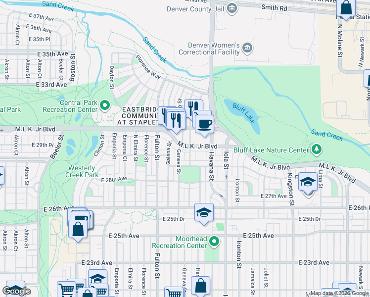map of restaurants, bars, coffee shops, grocery stores, and more near 10324 East 29th Drive in Denver