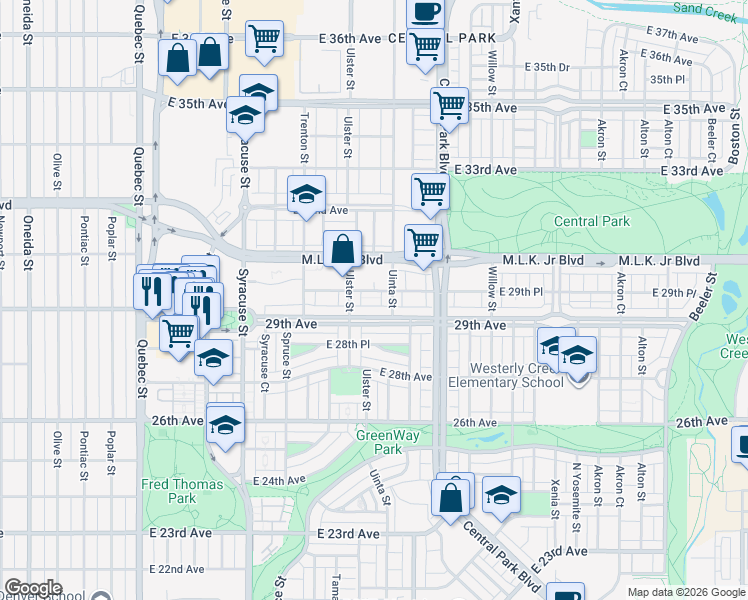 map of restaurants, bars, coffee shops, grocery stores, and more near 8180 East 29th Place in Denver