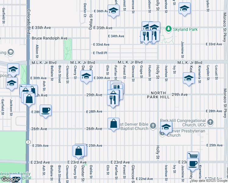 map of restaurants, bars, coffee shops, grocery stores, and more near 2930 Fairfax Street in Denver