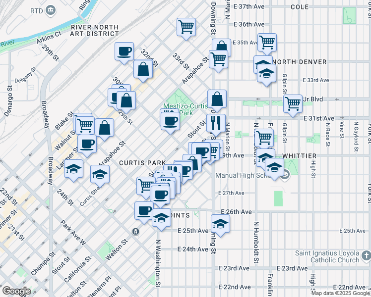 map of restaurants, bars, coffee shops, grocery stores, and more near 3015 Stout Street in Denver