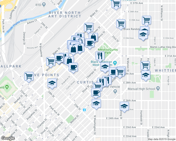 map of restaurants, bars, coffee shops, grocery stores, and more near 2890 Curtis Street in Denver