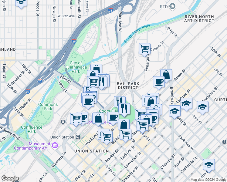 map of restaurants, bars, coffee shops, grocery stores, and more near in Denver