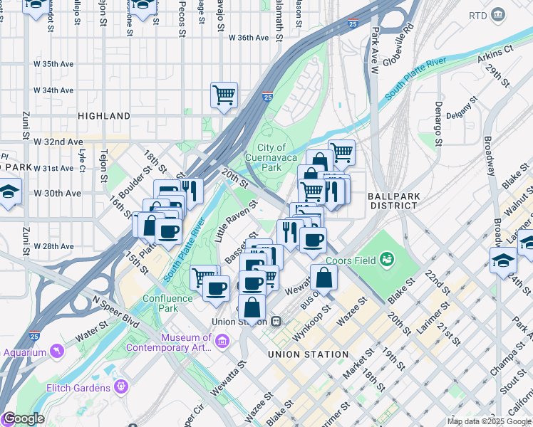 map of restaurants, bars, coffee shops, grocery stores, and more near 2135 19th Street in Denver
