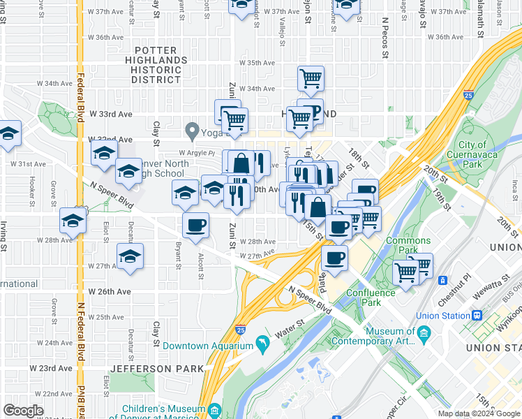 map of restaurants, bars, coffee shops, grocery stores, and more near 2205 West 29th Avenue in Denver