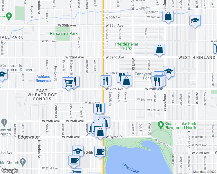 map of restaurants, bars, coffee shops, grocery stores, and more near in Denver