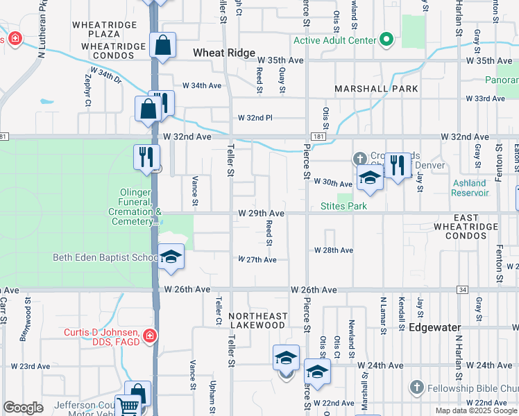 map of restaurants, bars, coffee shops, grocery stores, and more near 7057 West 29th Avenue in Wheat Ridge
