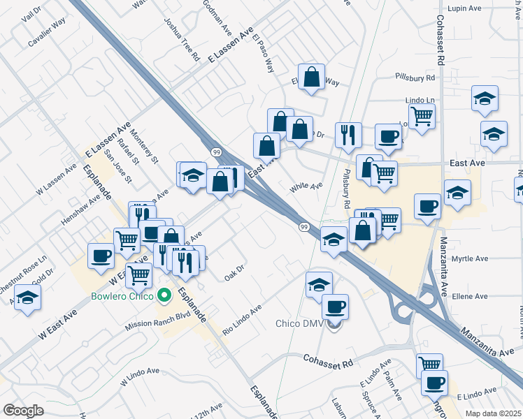 map of restaurants, bars, coffee shops, grocery stores, and more near 2395 Lombard Lane in Chico