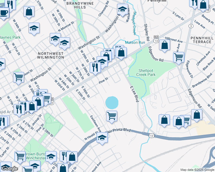 map of restaurants, bars, coffee shops, grocery stores, and more near 108 East 40th Street in Wilmington