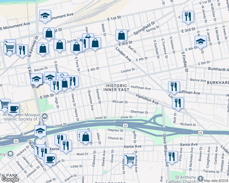map of restaurants, bars, coffee shops, grocery stores, and more near 32 Hamilton Avenue in Dayton