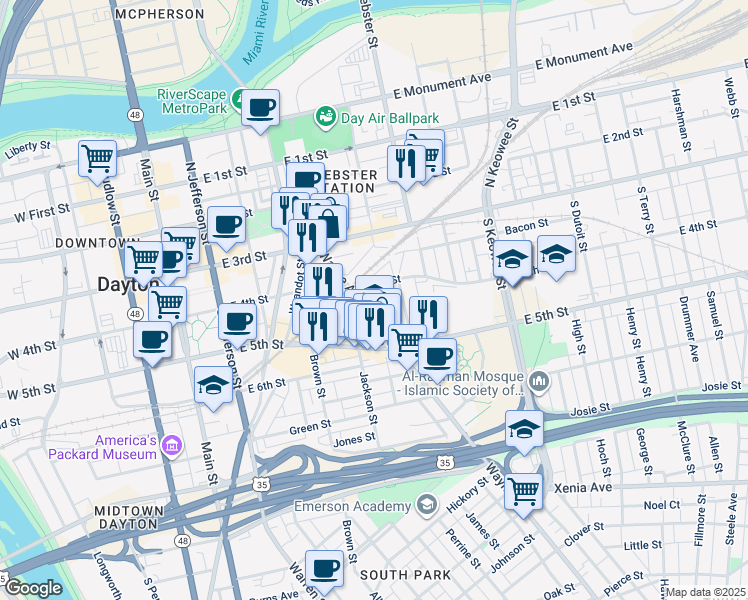 map of restaurants, bars, coffee shops, grocery stores, and more near 602 East 4th Street in Dayton