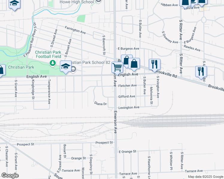 map of restaurants, bars, coffee shops, grocery stores, and more near 5035 Fletcher Avenue in Indianapolis